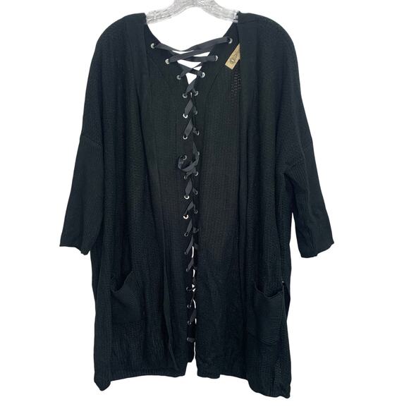 Democracy Womens Large Cardigan Lace Up Back Black Sweater Open Front Goth Core - Picture 1 of 9